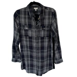 Kyla Seo Button Front Top Womens S Blue Plaid Velvet Embroidered Back Size Small